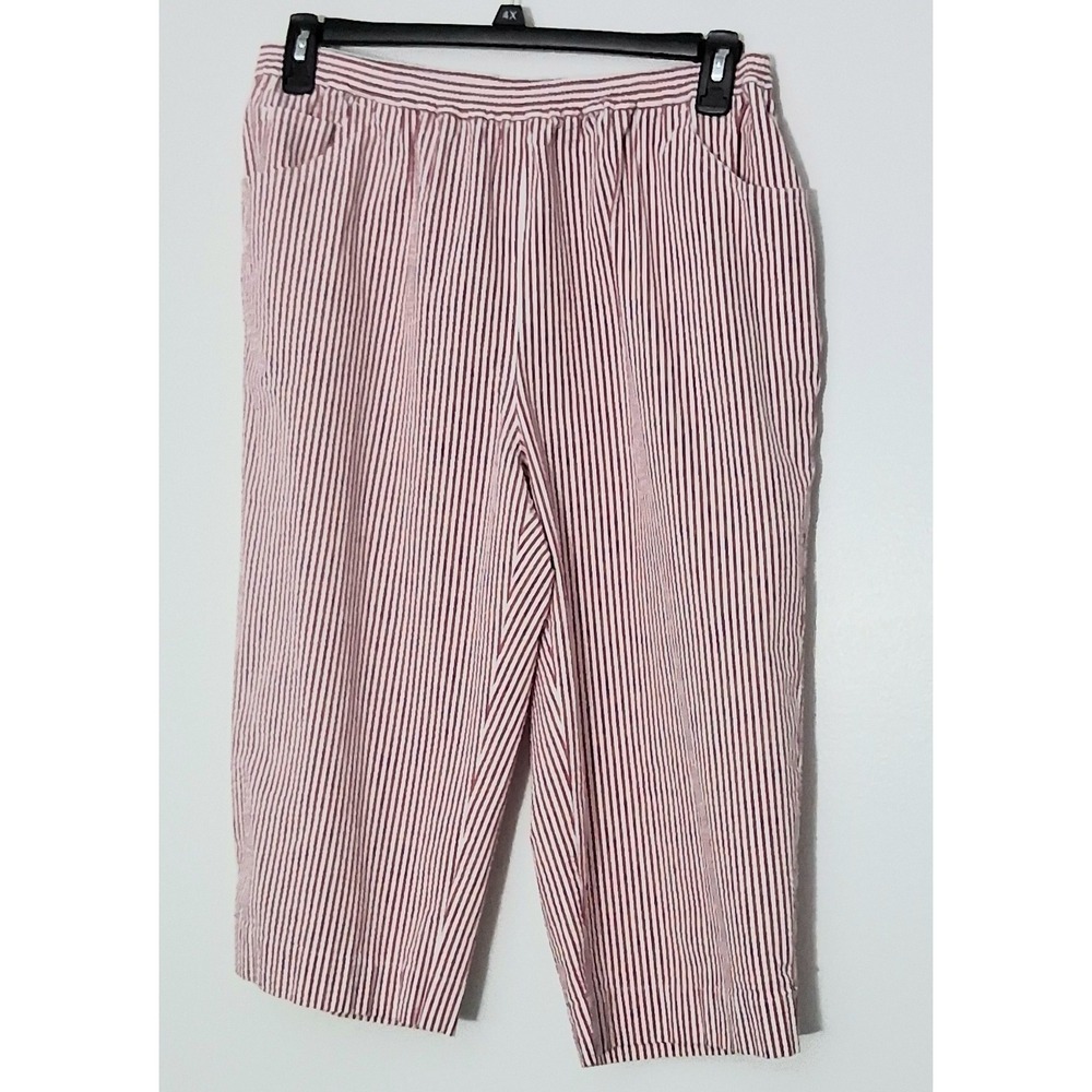 Quacker Factory Capri Pants Womens 1X Red & White Stripe‎ Seersucker Pockets